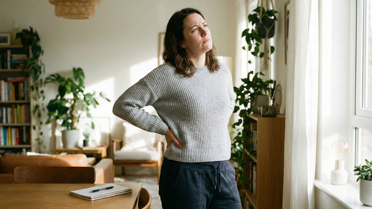 Žena v pohodlnom oblečení si drží kríže a premýšľa nad príčinou bolesti.