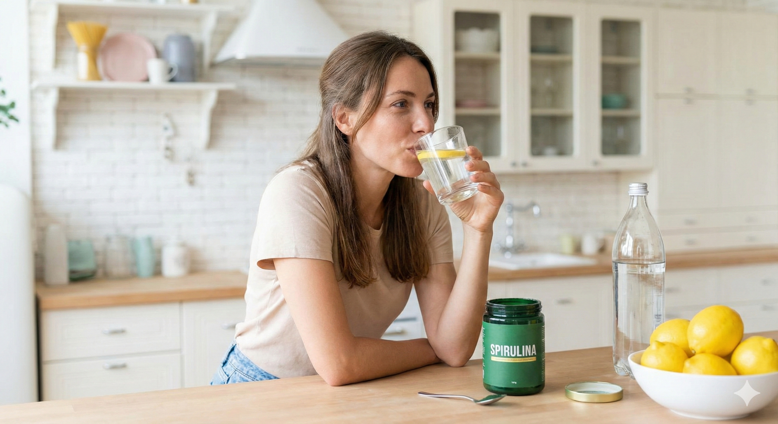 Prečo niektorí ľudia reagujú na spirulinu silnejšie 5 Žena pije pohár vody s citrónom po užití rias