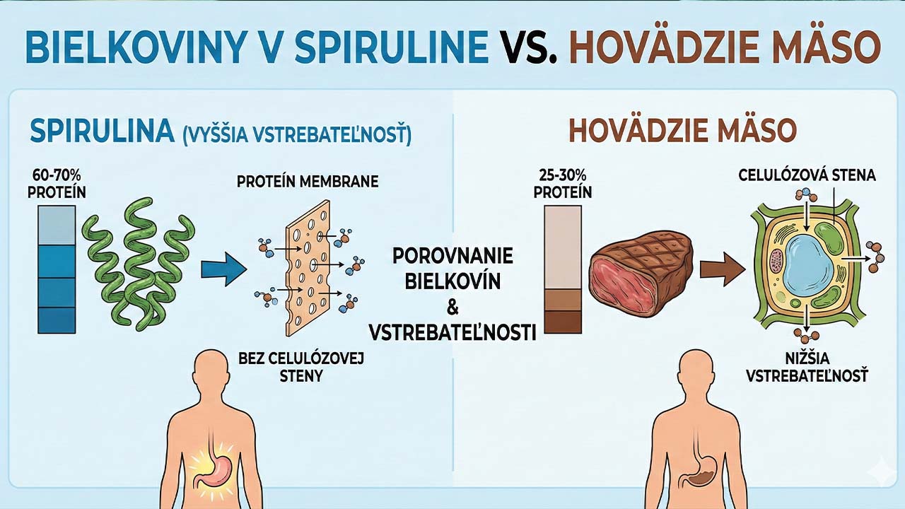 Čo je spirulina a prečo by ste ju (ne)mali zaradiť do jedálnička? 5 Porovnávacia infografika znázorňujúca obsah bielkovín v spiruline vs. hovädzom mäse, zvýrazňujúca absenciu celulózovej steny pre vyššiu vstrebateľnosť.