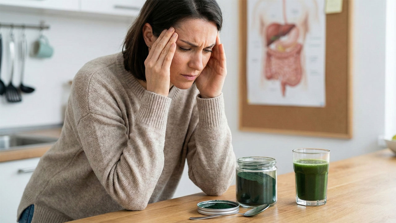 Žena držiaca sa za hlavu pre preťaženú pečeň zo spiruliny. Ľudia reagujú na spirulinu silnejšie.