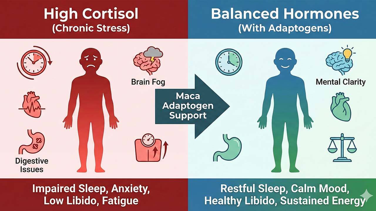 Aké sú hlavné účinky maca peruánskej? 5 Keď klesne stres, hormóny môžu opäť fungovať v harmónii.