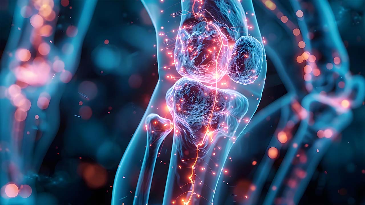 Obnova kĺbov po 50-ke: Ako naštartovať obnovu buniek? 3 Prierez ľudskou kĺbovou chrupavkou s vyznačenými chondrocytmi a kolagénovou matricou.