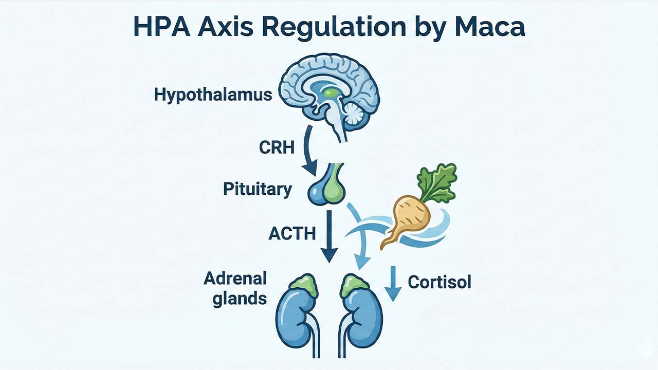Aké sú hlavné účinky maca peruánskej? 4 Schéma osi HPA a zobrazenie, ako maca pomáha regulovať stresové hormóny.