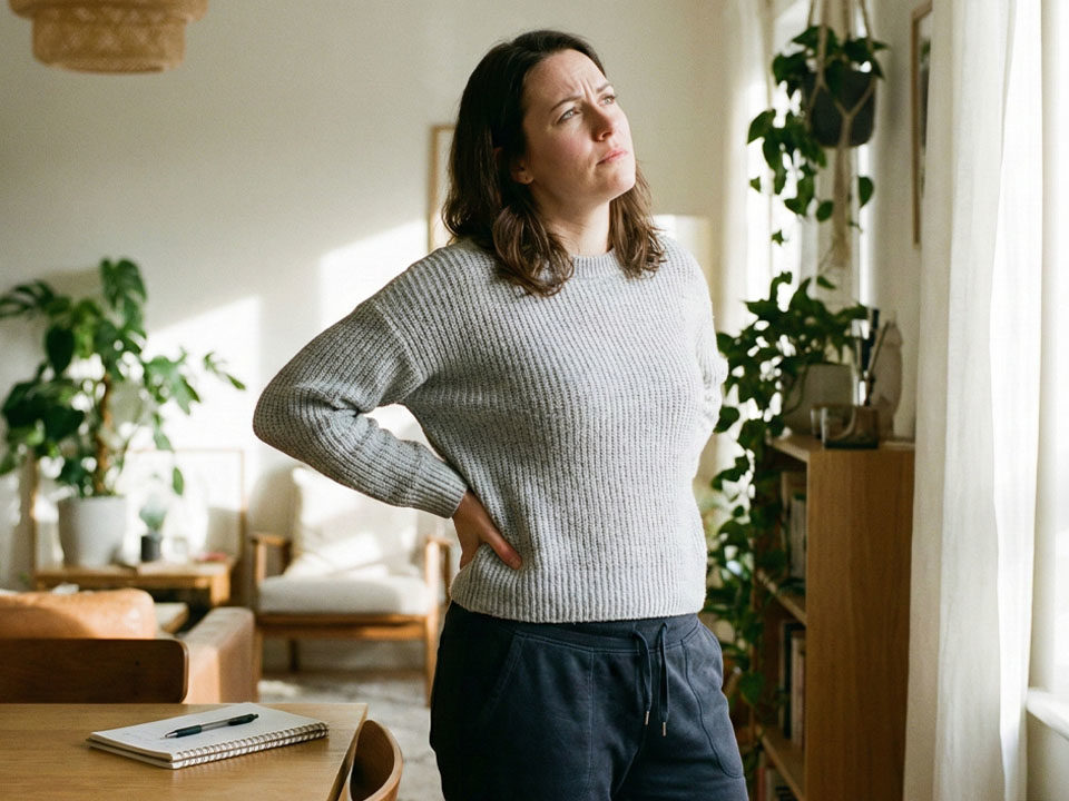 Žena v pohodlnom oblečení si drží kríže a premýšľa nad príčinou bolesti.