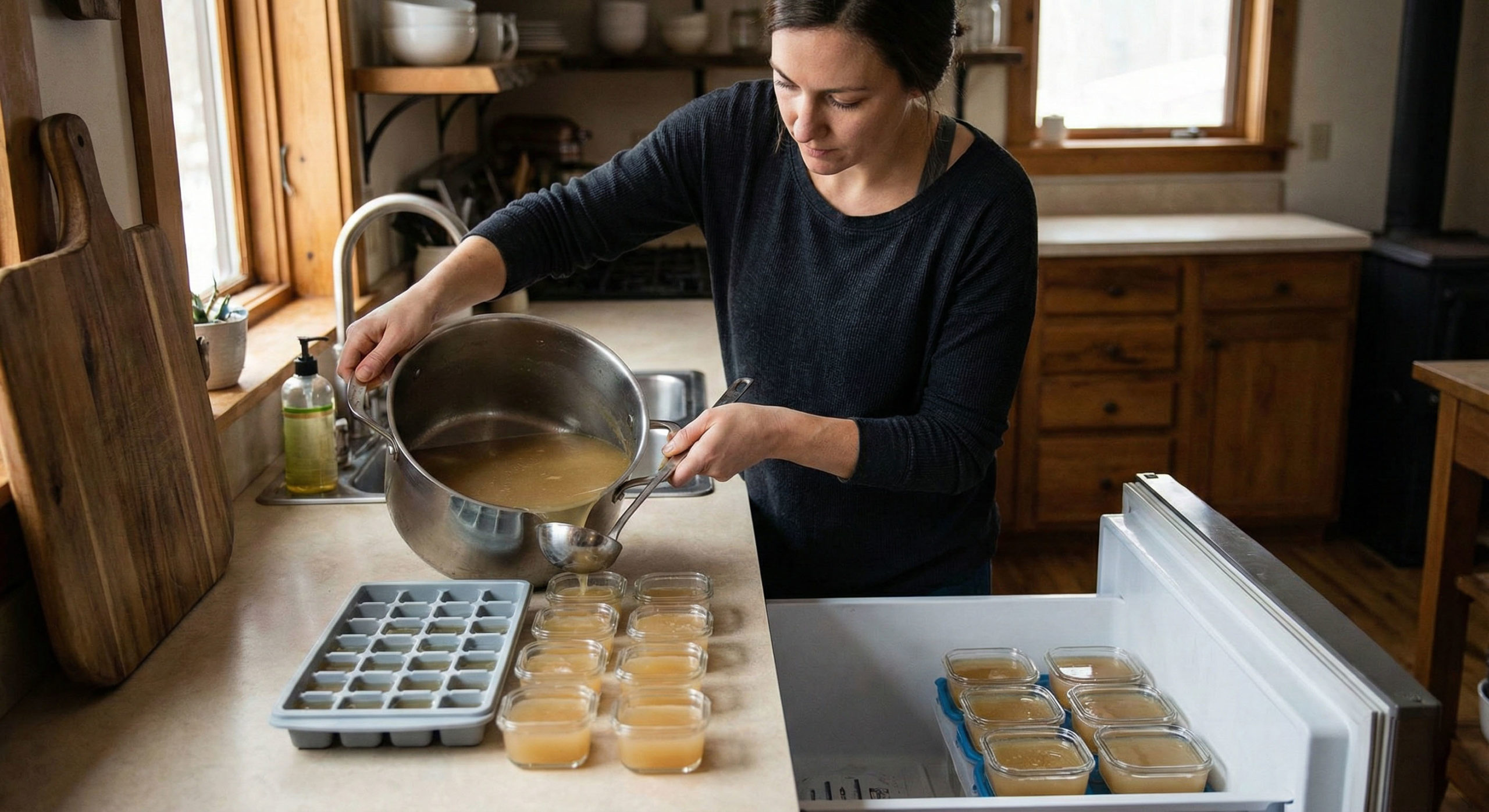 Temná stránka vývaru: Olovo, histamín a glutamát 4 Žena nalieva vývar do formičiek na ľad alebo mraziacich nádob