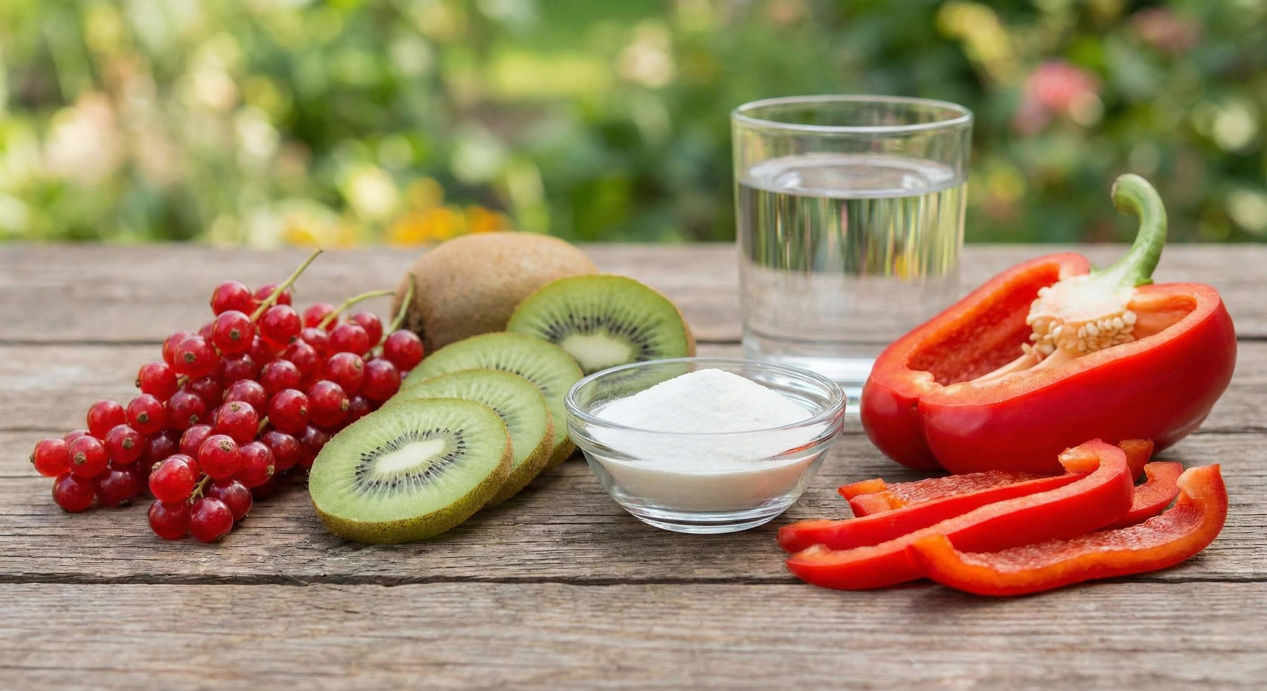 Prečo bežné kolagény z lekárne nefungujú? 4 Čerstvé ríbezle, kivi a nakrájaná paprika na drevenom stole ako prírodný zdroj vitamínu C pre podporu kolagénu