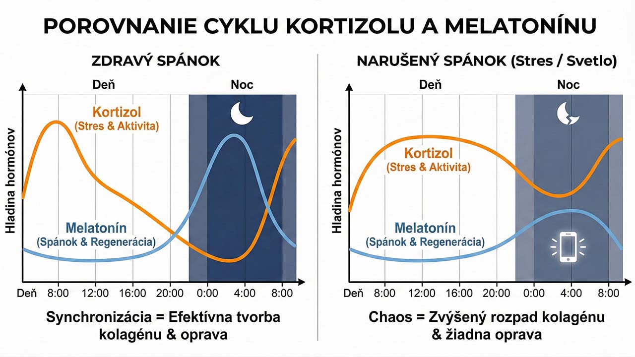 Ako nedostatok spánku ničí kolagén? (Viac než si myslíte) 5 porovnanie cyklu kortizolu melatoninu pri zdravom narusenom spanku