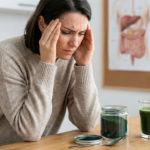 Prečo niektorí ľudia reagujú na spirulinu silnejšie 1 Žena držiaca sa za hlavu pre preťaženú pečeň zo spiruliny. Ľudia reagujú na spirulinu silnejšie.