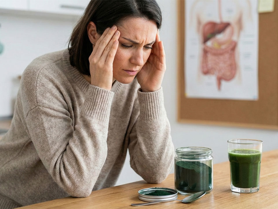 Žena držiaca sa za hlavu pre preťaženú pečeň zo spiruliny. Ľudia reagujú na spirulinu silnejšie.