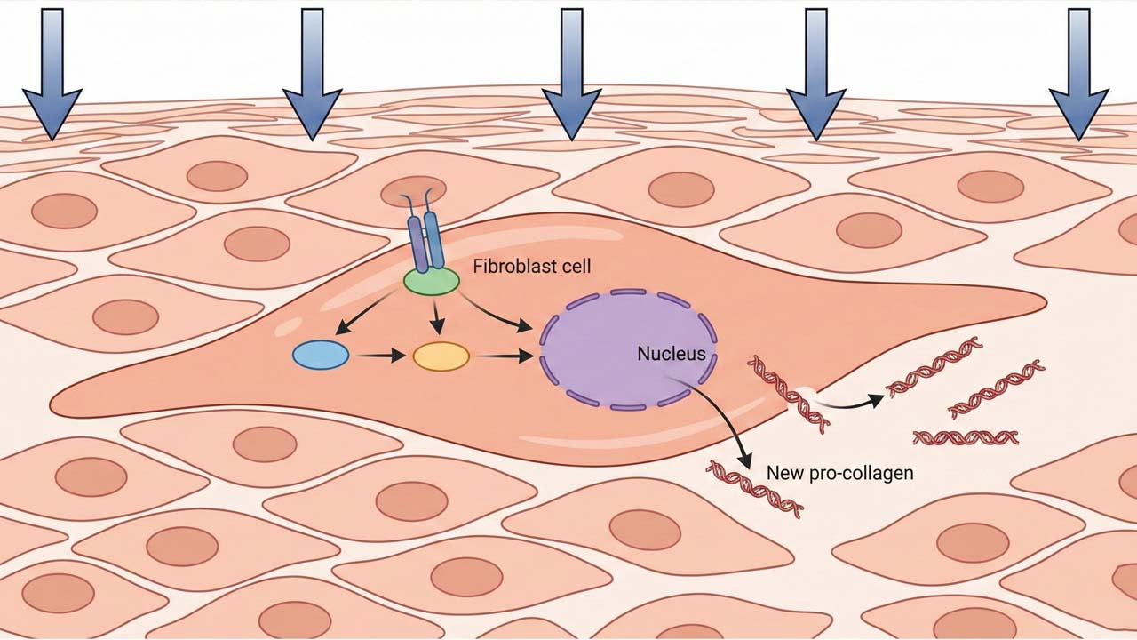 Ako zistím, že sa mi kolagén netvorí správne? Príznaky, že vaša tvorba kolagénu zlyháva 6 Schéma mechanotransdukcie – ako fyzický pohyb stimuluje bunku k produkcii kolagénu