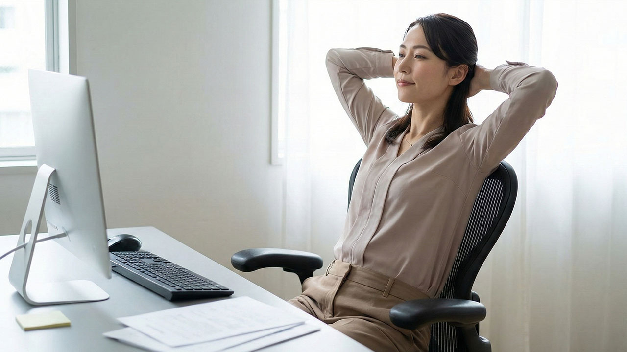 Čo znamená bolesť chrbta na rôznych miestach? 5 Žena v kancelárii si robí jednoduchý strečing chrbtice priamo na stoličke.