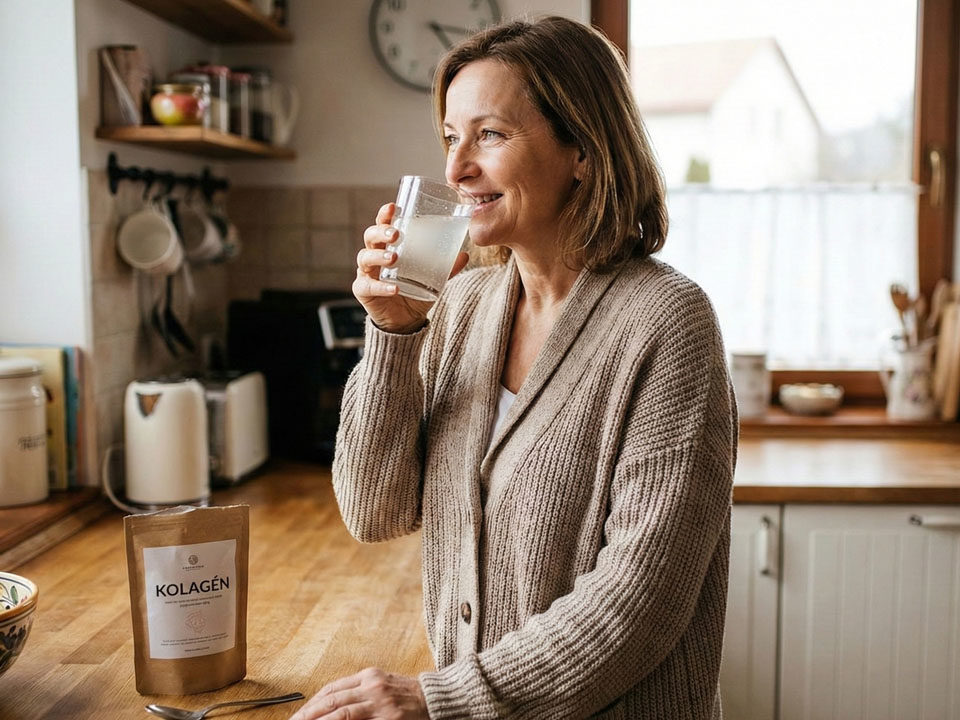 Ranná rutina ženy v strednom veku, pitie kolagénu v kuchyni. Kostný vývar alebo kolagén? Ktorý je lepší na kĺby?